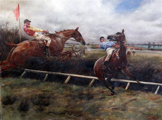 Godfrey Douglas Giles (1857-1923) Jockeys at the fence, 22.5 x 30in.